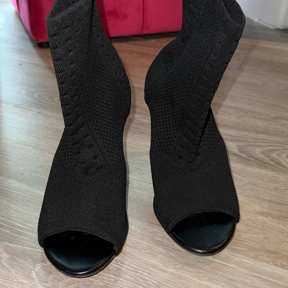 Black Peep Toe Knit Ankle Boots